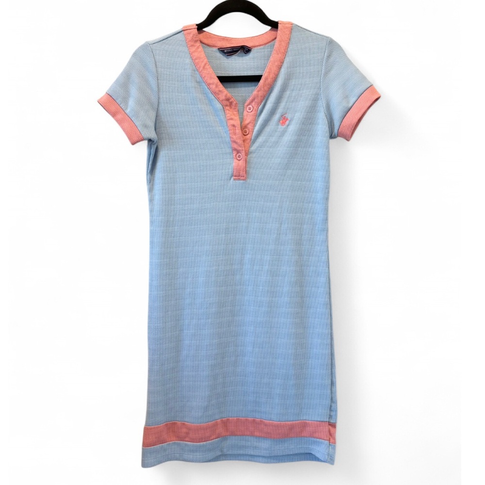Beverly Hills Polo Club Tennis Dress Blue w Pink Accents Waffle Knit Athleisure